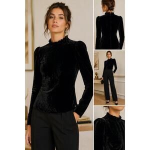 Ulla Johnson Marlene Liquid Velvet Blouse Noir Silk Blend Ruffle Neck Top Size 6